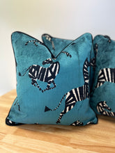 Load image into Gallery viewer, READY TO SHIP Doubled Sided Blue Zebra Velvet Pillow Cover with Black Velvet Cording. Designer Throw Pillow. Size 18”x18”