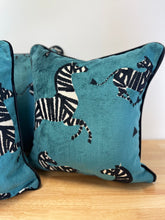 Load image into Gallery viewer, READY TO SHIP Doubled Sided Blue Zebra Velvet Pillow Cover with Black Velvet Cording. Designer Throw Pillow. Size 18”x18”