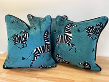 Load image into Gallery viewer, READY TO SHIP Doubled Sided Blue Zebra Velvet Pillow Cover with Black Velvet Cording. Designer Throw Pillow. Size 18”x18”