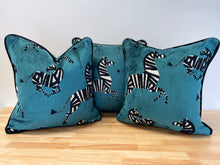 Load image into Gallery viewer, READY TO SHIP Doubled Sided Blue Zebra Velvet Pillow Cover with Black Velvet Cording. Designer Throw Pillow. Size 18”x18”
