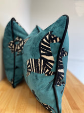 Load image into Gallery viewer, READY TO SHIP Doubled Sided Blue Zebra Velvet Pillow Cover with Black Velvet Cording. Designer Throw Pillow. Size 18”x18”