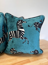 Load image into Gallery viewer, READY TO SHIP Doubled Sided Blue Zebra Velvet Pillow Cover with Black Velvet Cording. Designer Throw Pillow. Size 18”x18”