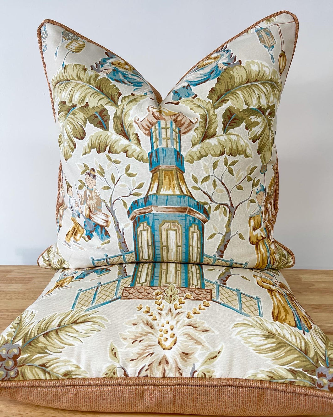 READY TO SHIP Balanaisia Turquoise Designer Pillow Cover, Size 22” x 22”, Asian Scenic Pillows, Oriental Designer Pillows, Throw Pillows