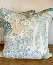 Load image into Gallery viewer, Embroidered Cowtan and Tout Seashells Coral Blue and green Designer Pillow Cover, Size 20” x 20”, Coastal Pillows, Throw Pillows
