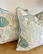 Load image into Gallery viewer, Embroidered Cowtan and Tout Seashells Coral Blue and green Designer Pillow Cover, Size 20” x 20”, Coastal Pillows, Throw Pillows
