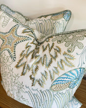 Load image into Gallery viewer, Embroidered Cowtan and Tout Seashells Coral Blue and green Designer Pillow Cover, Size 20” x 20”, Coastal Pillows, Throw Pillows
