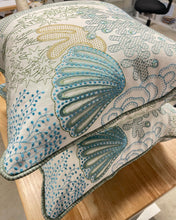 Load image into Gallery viewer, Embroidered Cowtan and Tout Seashells Coral Blue and green Designer Pillow Cover, Size 20” x 20”, Coastal Pillows, Throw Pillows
