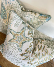 Load image into Gallery viewer, Embroidered Cowtan and Tout Seashells Coral Blue and green Designer Pillow Cover, Size 20” x 20”, Coastal Pillows, Throw Pillows
