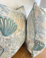 Load image into Gallery viewer, Embroidered Cowtan and Tout Seashells Coral Blue and green Designer Pillow Cover, Size 20” x 20”, Coastal Pillows, Throw Pillows
