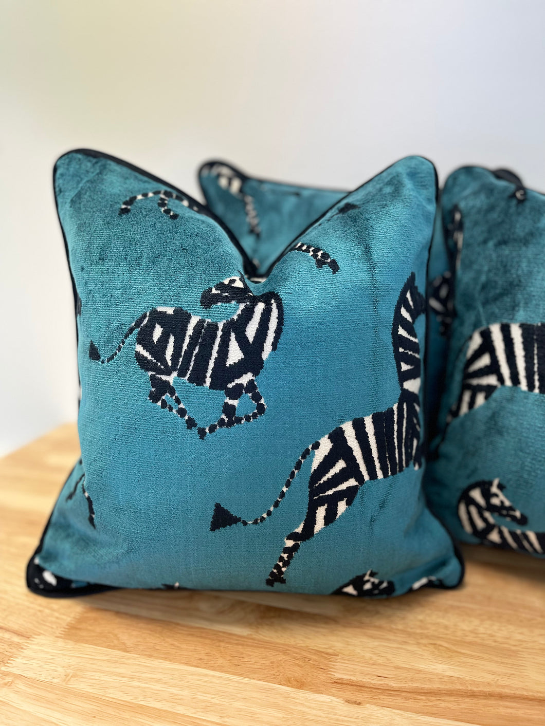 READY TO SHIP Doubled Sided Blue Zebra Velvet Pillow Cover with Black Velvet Cording. Designer Throw Pillow. Size 18”x18”