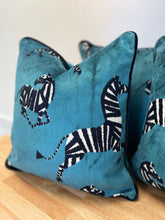 Load image into Gallery viewer, READY TO SHIP Doubled Sided Blue Zebra Velvet Pillow Cover with Black Velvet Cording. Designer Throw Pillow. Size 18”x18”
