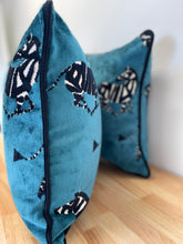 Load image into Gallery viewer, READY TO SHIP Doubled Sided Blue Zebra Velvet Pillow Cover with Black Velvet Cording. Designer Throw Pillow. Size 18”x18”
