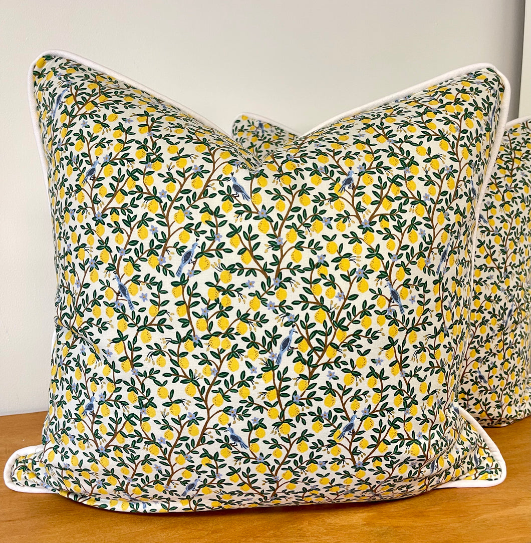READY TO SHIP Rifle Paper Lemon Pattern Designer Pillow Cover with Cording and Lined, Size 20x20”